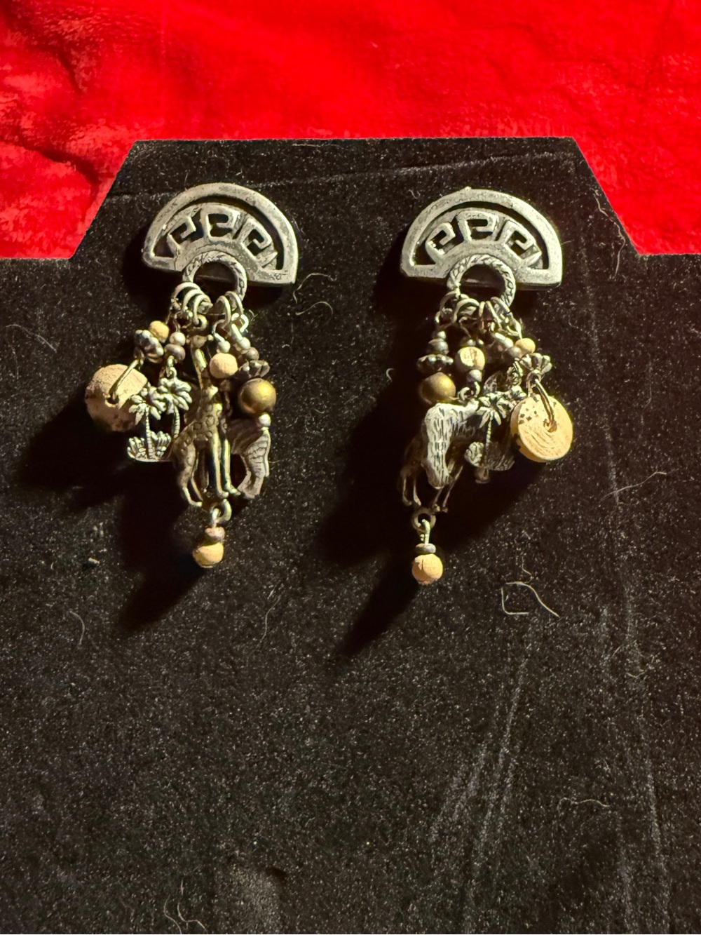 Vintage African Safari Charm Earrings Silver Tone Greek Key Geometric Drop Boho